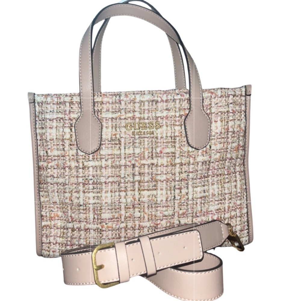 EUC GUESS Silvana Tweed Double Compartment Tote Ash Rose/Multi